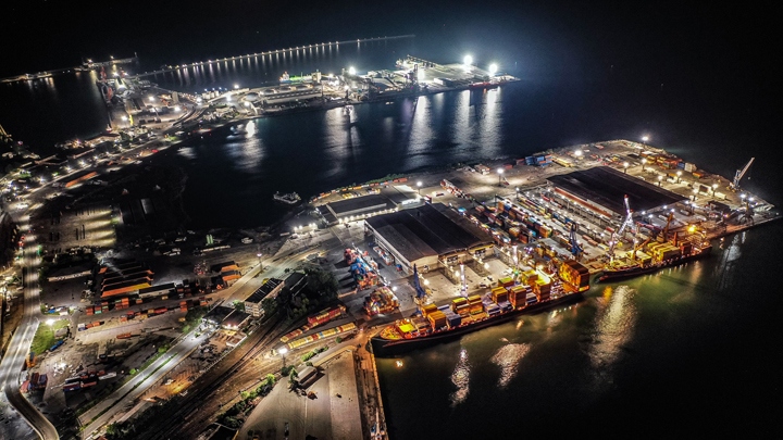 port at night with lights on